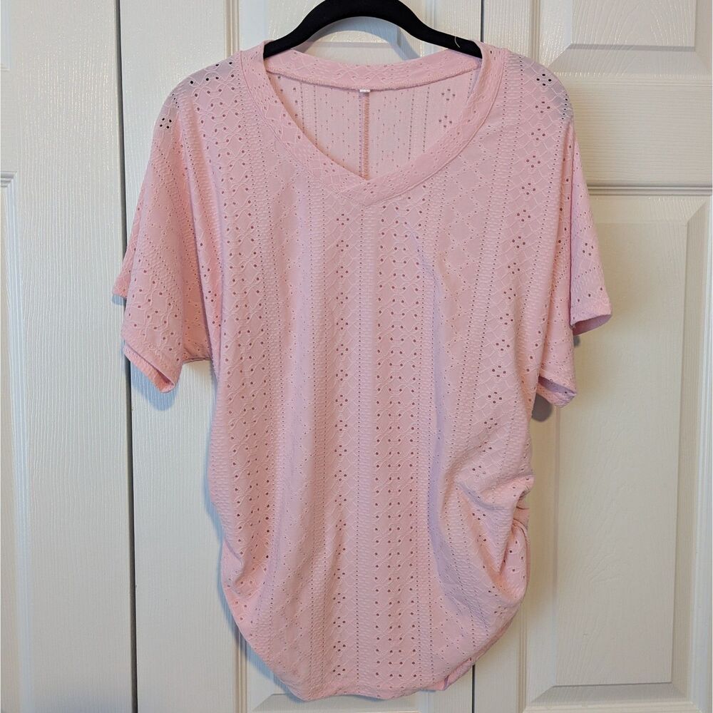 Women’s Pink Eyelet Short Sleeve Top Side Ruching Medium Feminine Barbie
